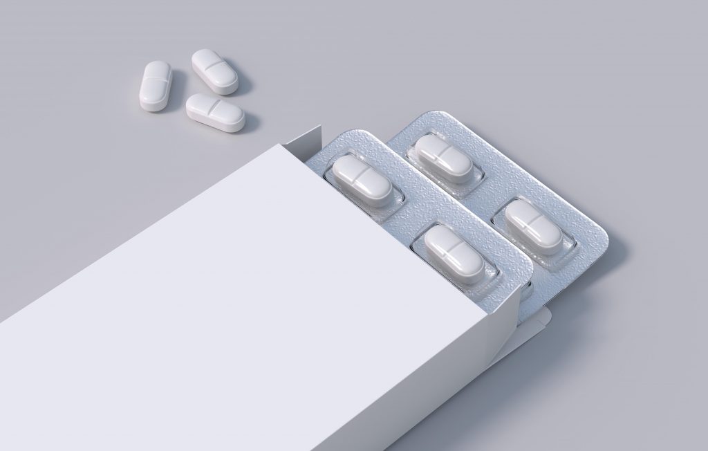 package with two blisters with medicines pills mockup template 3d rendering