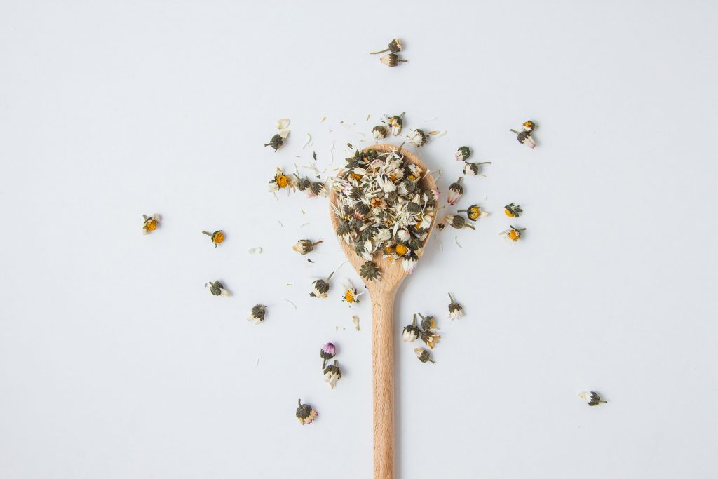 dry chamomile spoon top view